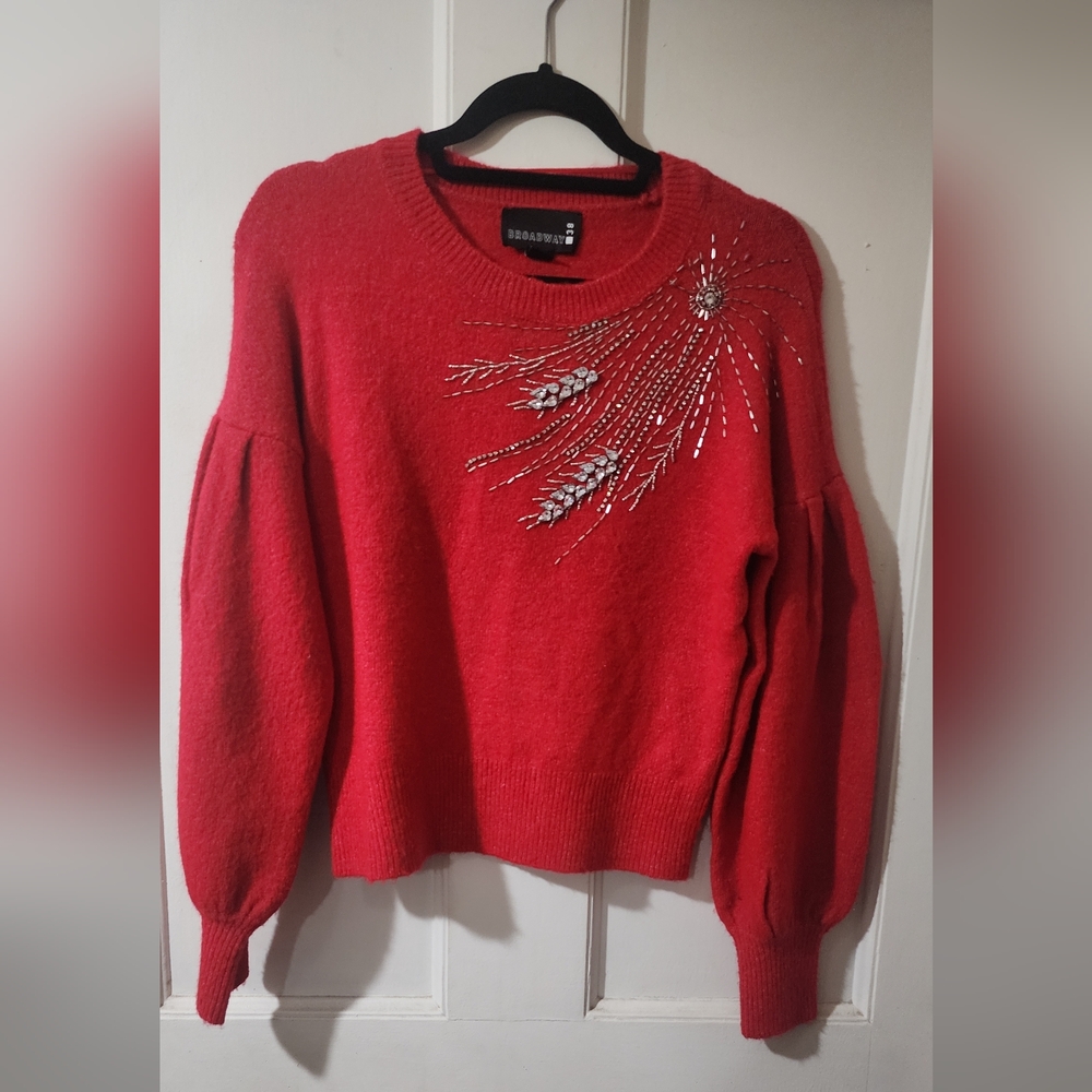 Stylish Red Sweater with Embellished Detail By BROADWAY 38 - Medium